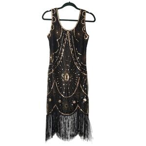 Yessa Black Gold Sequin Beaded Flapper Fringe Gatsby Dress Size Medium NWT